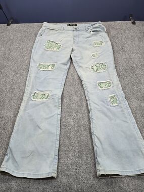Rebel Vengeance Mens 36 Patchwork Flare Jeans Light Wash Y2K Festival Grunge